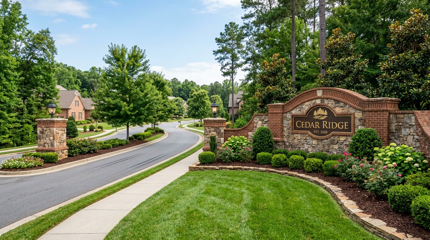 Well-maintained HOA entrance landscaping with mulched beds and manicured turf in Garner, NC Well-maintained HOA entrance landscaping with mulched beds and manicured turf in Garner, NC