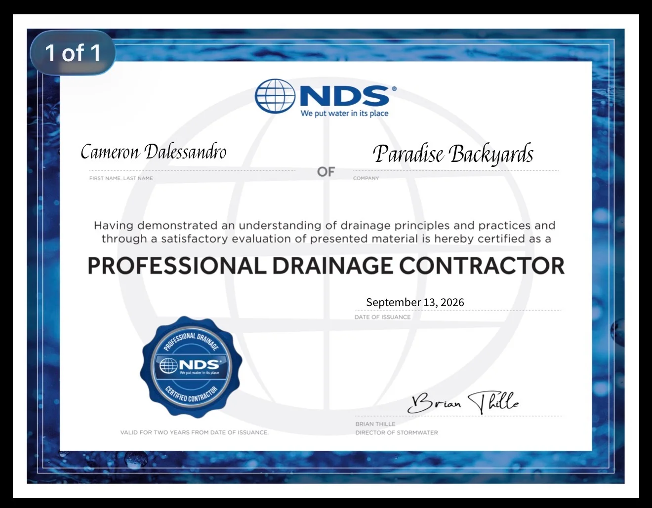 NDS Professional Drainage Certified Contractor Certificate – Paradise Backyards NDS Professional Drainage Certified Contractor Certificate – Paradise Backyards